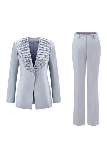 Grey Blue One 2-Piece Button Women Suits with Lace